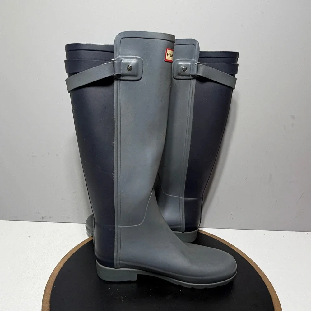 Hunter Rain Slate Boots Women 8 Grey Navy Blue Tall‎ Waterproof Matte Buckle